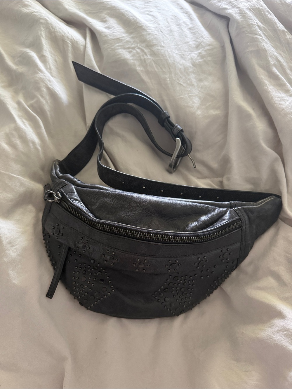 Free People Black Leather Studded Waist Bag Belt Bag Bum Bag Sling Bag